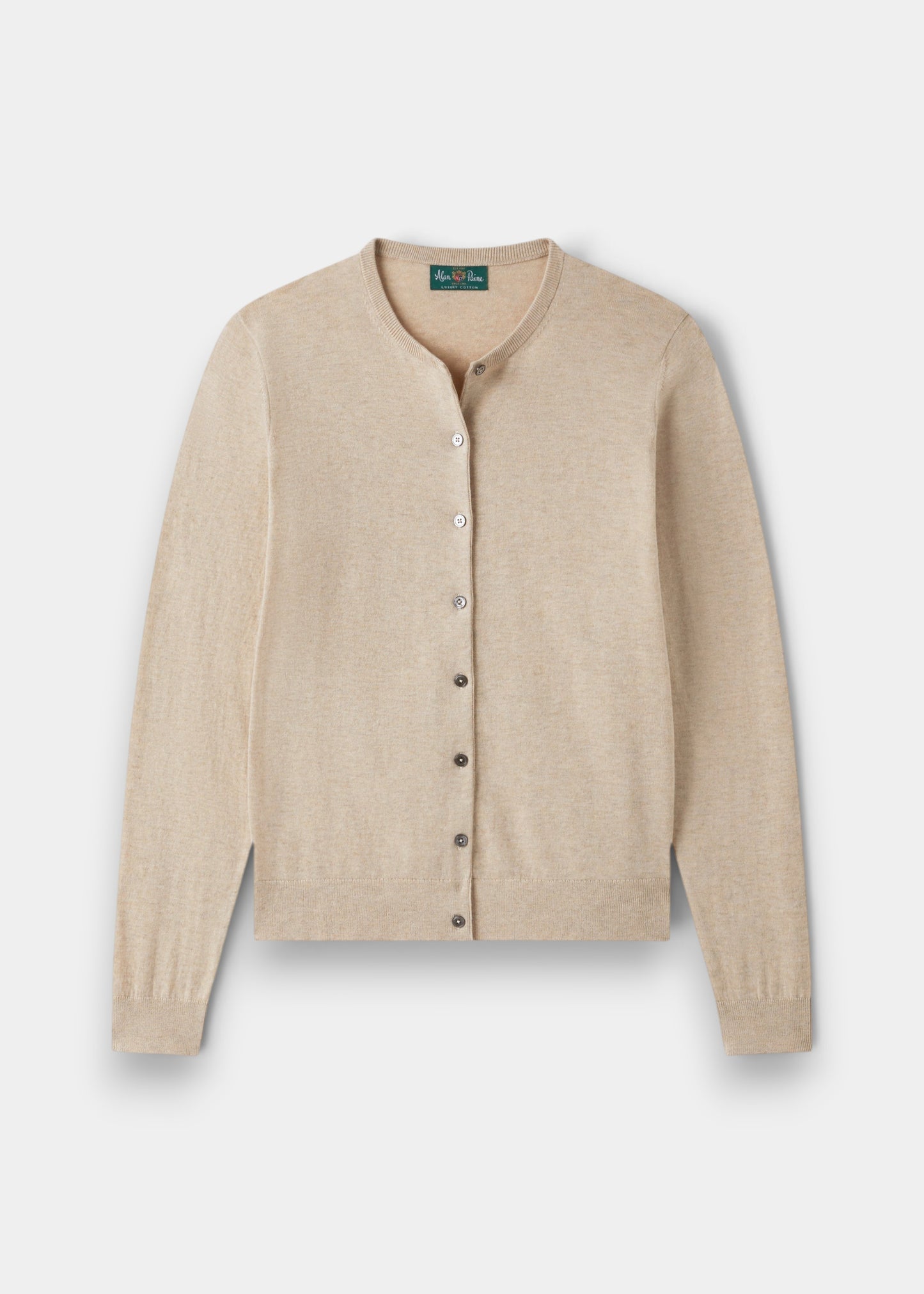 Alan Paine Daphne ladies cardigan in sand, crafted from a soft pima cotton and cashmere blend with a button front.