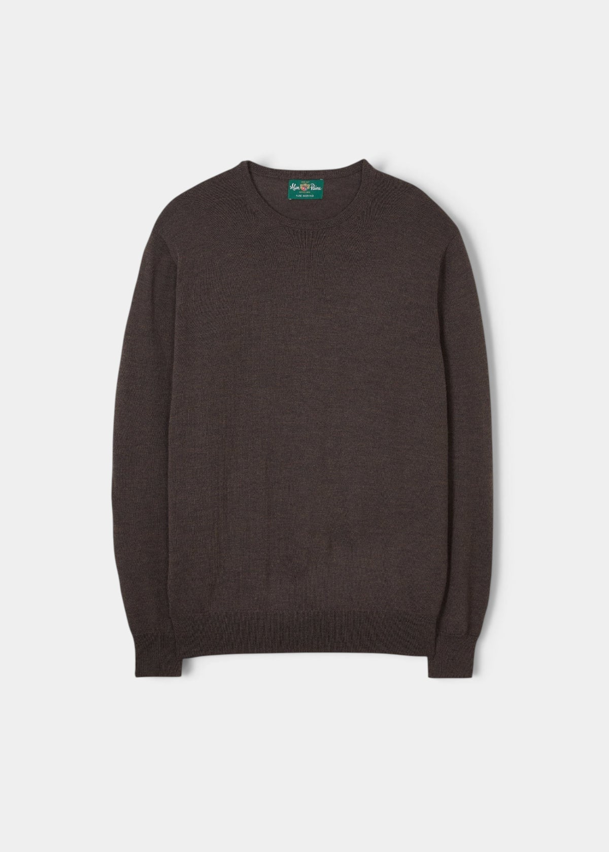 Alan Paine Radstone men's crew neck jumper in dark brown 100% fine Italian merino wool with ribbed hem and cuffs