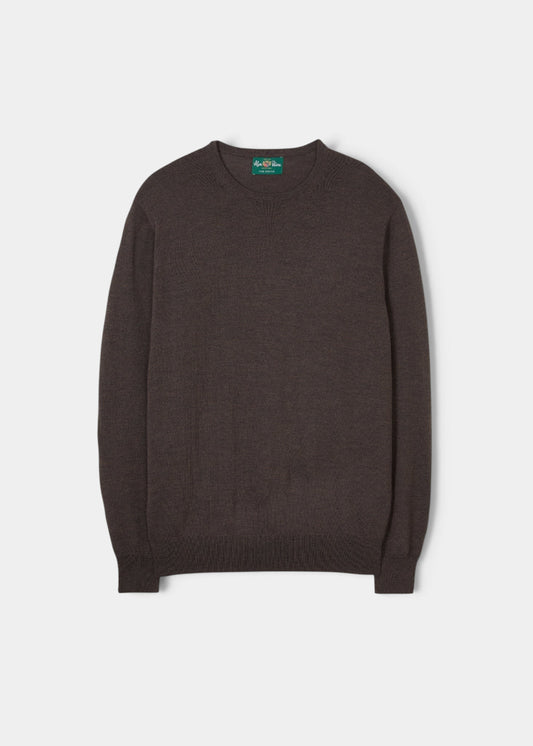Alan Paine Radstone men's crew neck jumper in dark brown 100% fine Italian merino wool with ribbed hem and cuffs