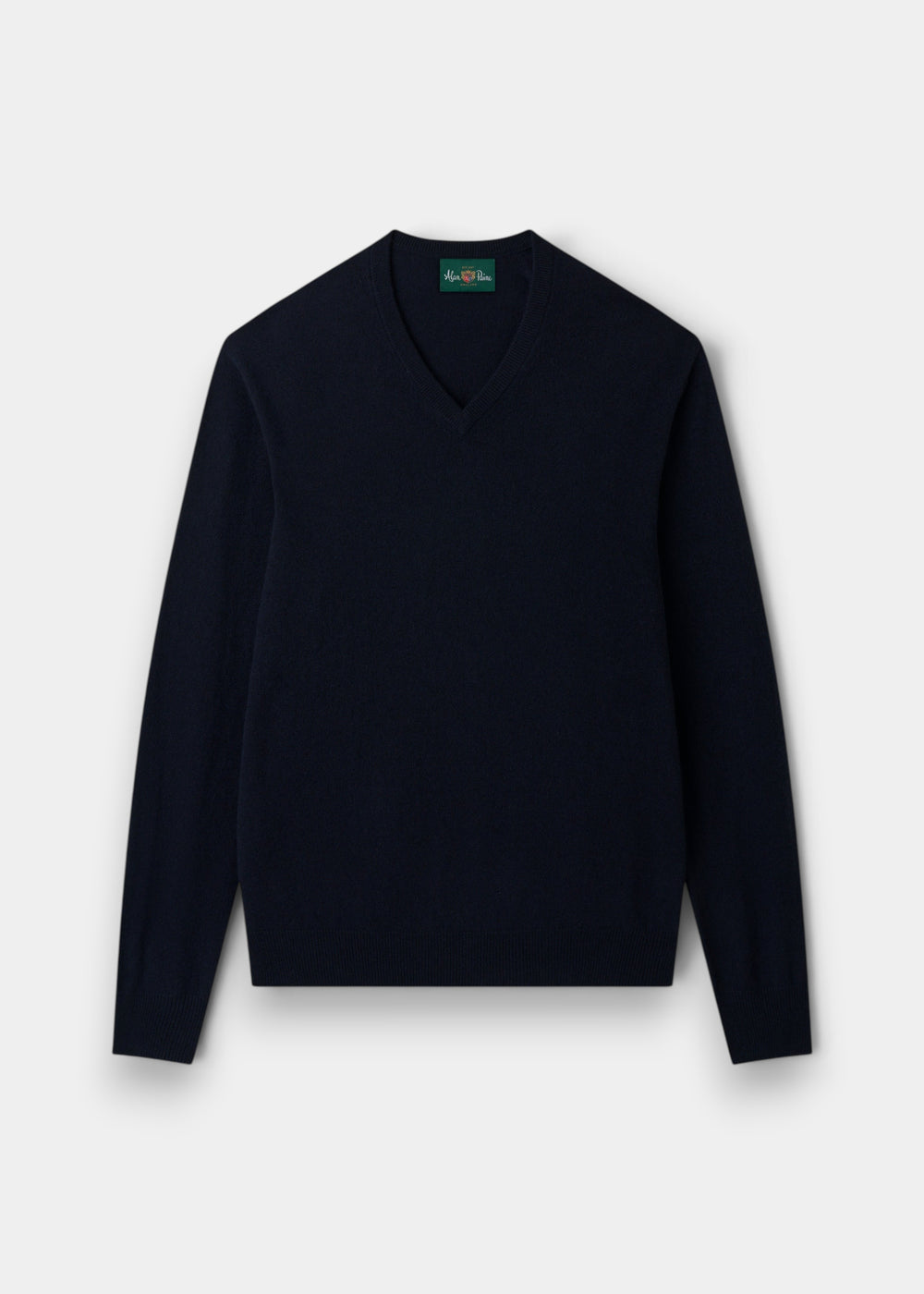 Haddington Pure Cashmere V-Neck Jumper in dark navy, regular fit, long sleeves, laid flat on a light gray background.