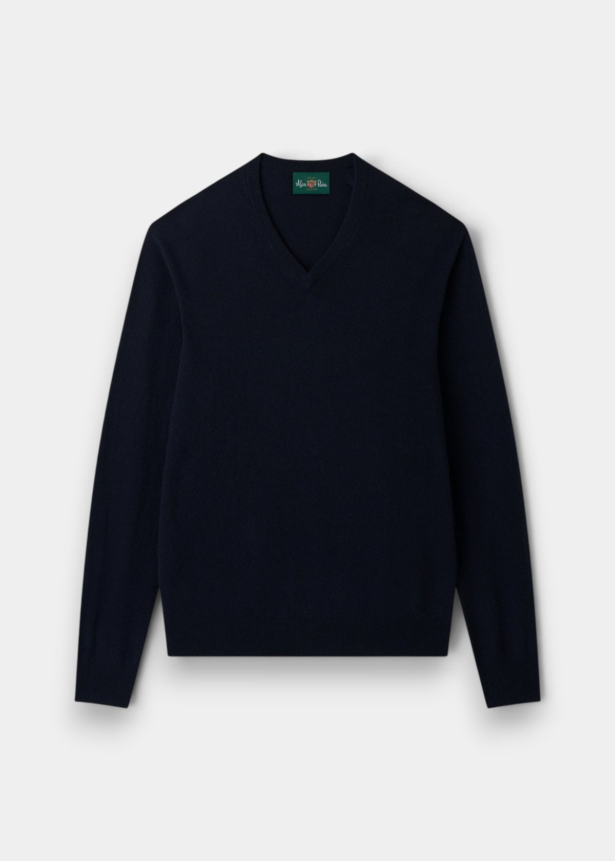 Haddington Pure Cashmere V-Neck Jumper in dark navy, regular fit, long sleeves, laid flat on a light gray background.