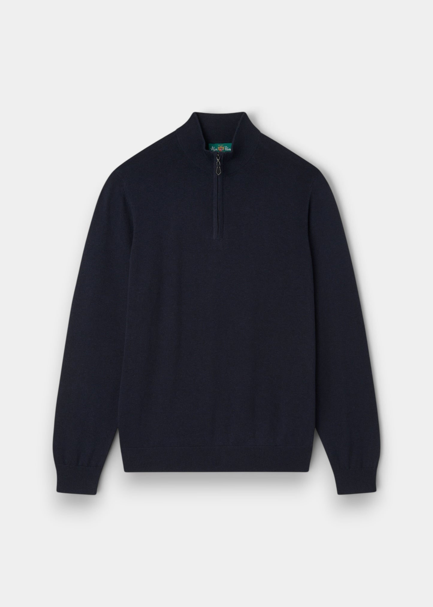 Alan Paine Selhurst dark navy quarter zip jumper in a soft Pima cotton and cashmere blend with ribbed cuffs and hem.
