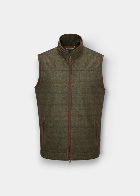 Alan Paine Didsmere men's technical gilet in Elon green tweed effect with faux leather trim and zip pockets