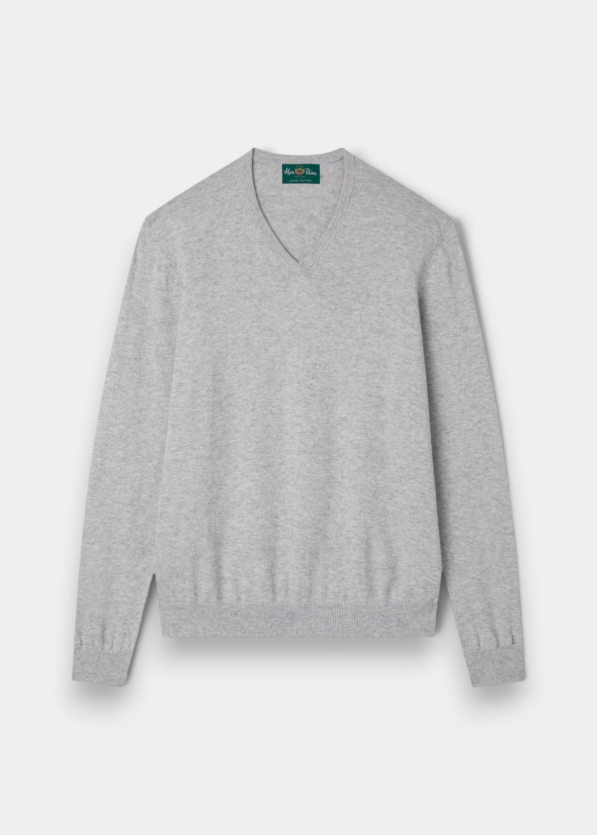 Alan Paine Rothwell dove grey v-neck jumper in a soft Pima cotton and cashmere blend with ribbed cuffs and hem.