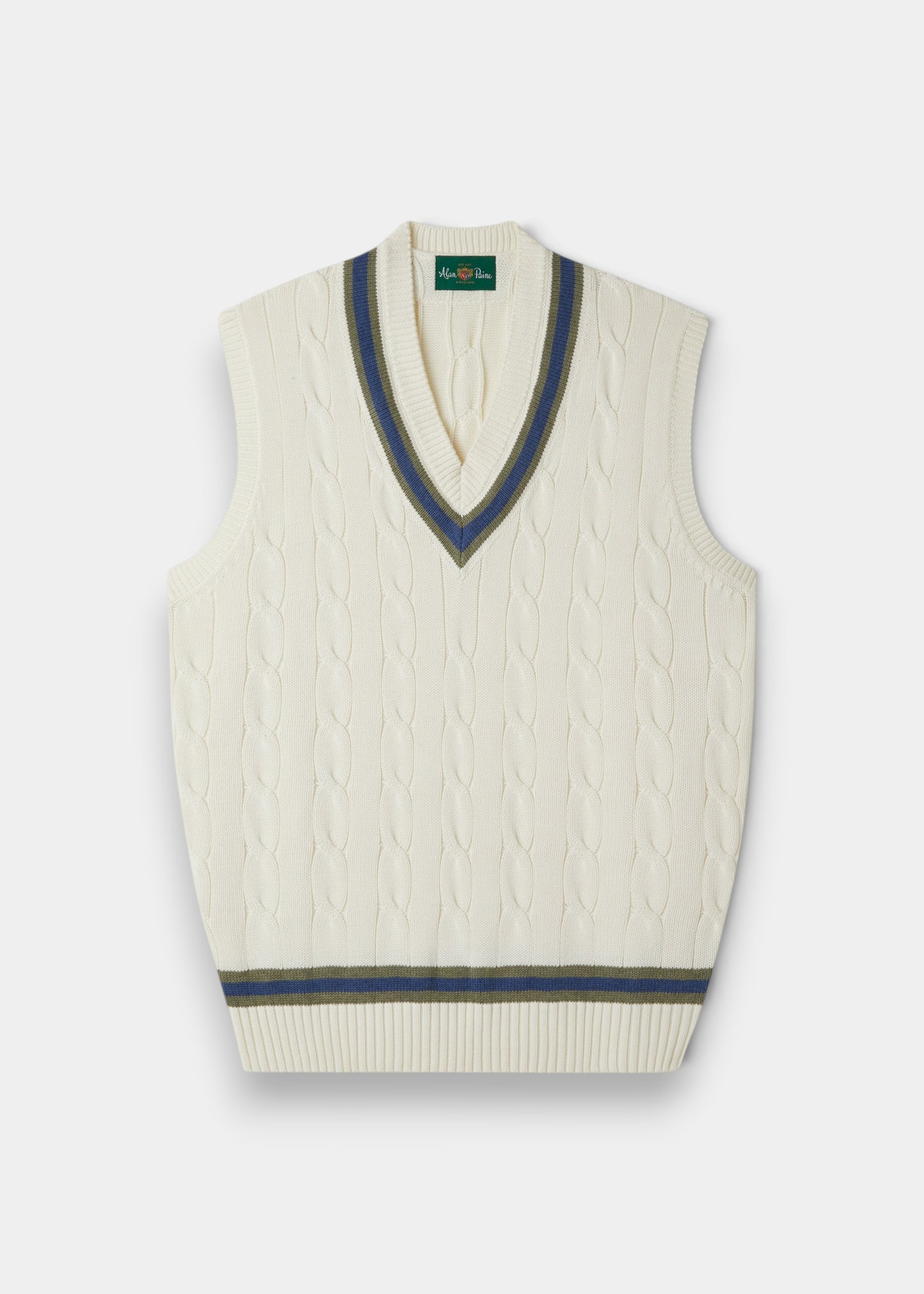 Alan Paine ecru cotton cable knit cricket slipover with green and blue V-neck trim and ribbed hem.