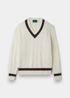 Alan Paine Sandridge ecru cotton cable knit cricket jumper with V-neck and green and burgundy striped trim