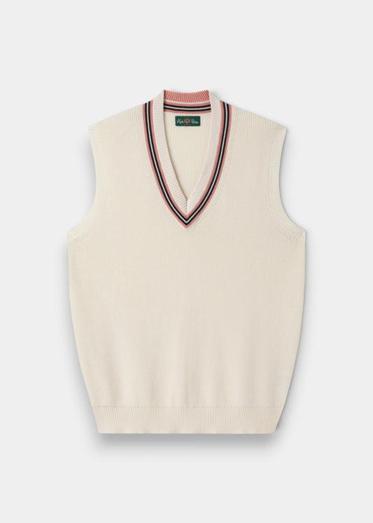 Alan Paine ladies ecru cotton cricket slipover featuring a V-neck with dusk pink and dark navy striped trim.