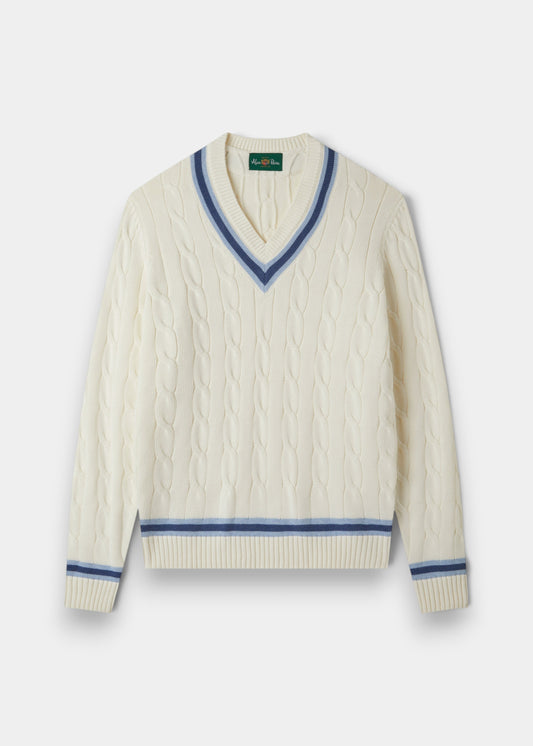Alan Paine Sandridge ecru cotton cable knit cricket jumper with indigo and light blue V-neck and hem stripes