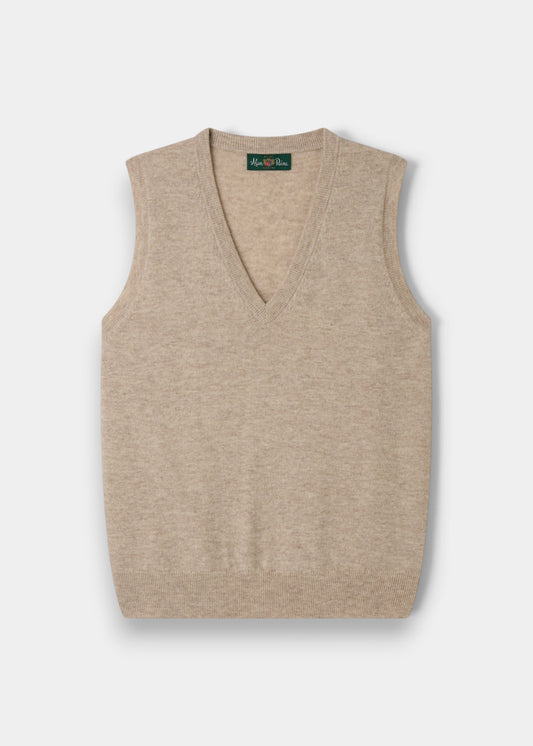 Alan Paine Erin luxury wool and cashmere V-neck tank top in porridge beige, featuring a sleeveless knit design.