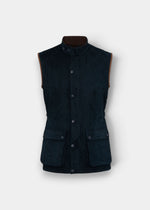 Alan Paine Felwell men's dark navy quilted waistcoat with a fleece-lined collar and flap-secured bellow pockets.
