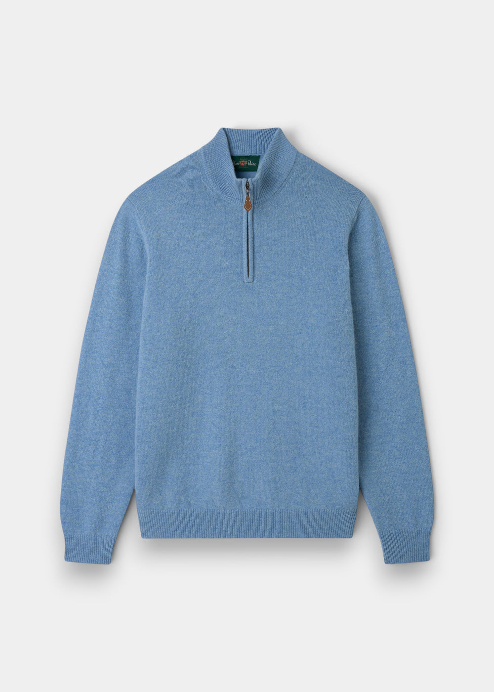 Sutherland Lambswool Quarter Zip Jumper In Glacier, a light blue quarter-zip sweater with a ribbed hem and cuffs.