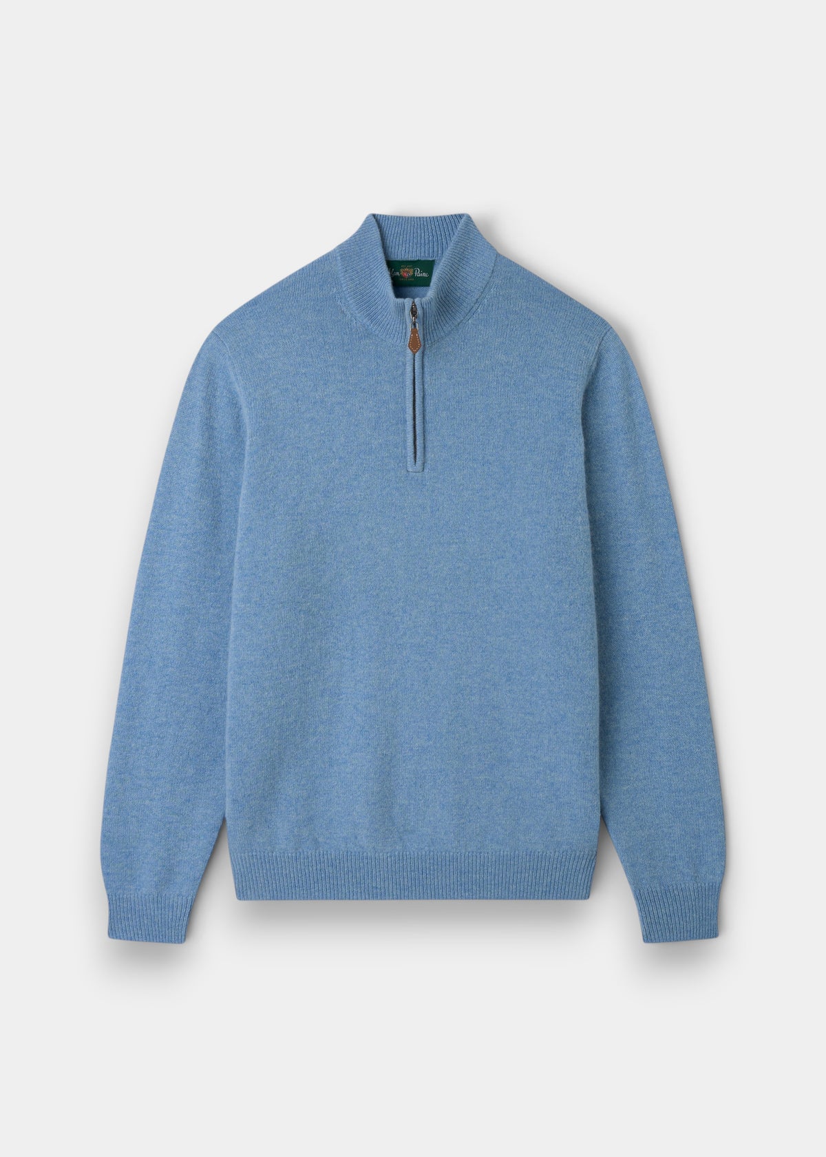 Sutherland Lambswool Quarter Zip Jumper In Glacier, a light blue quarter-zip sweater with a ribbed hem and cuffs.