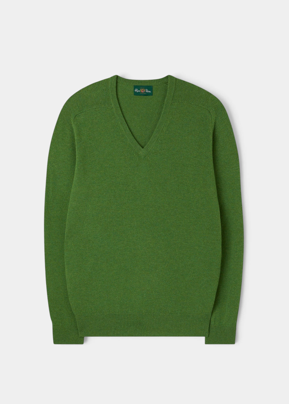 Alan Paine men's green lambswool v-neck jumper with saddle shoulder and ribbed cuffs in a classic fit
