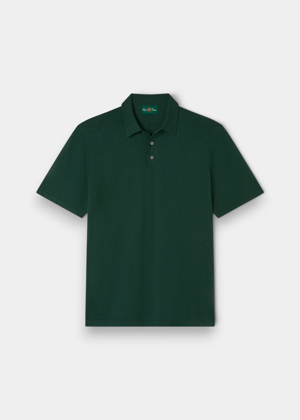 Alan Paine men's luxury green polo shirt in a soft pima cotton, silk, and cashmere blend with a classic ribbed hem.