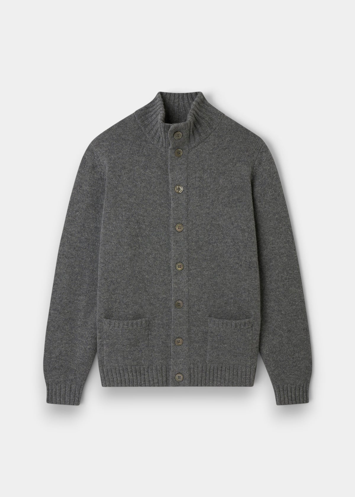 Landford Lambswool Buttoned Mock Neck Jumper in Grey Mix, regular fit, shown laid flat on a white background.