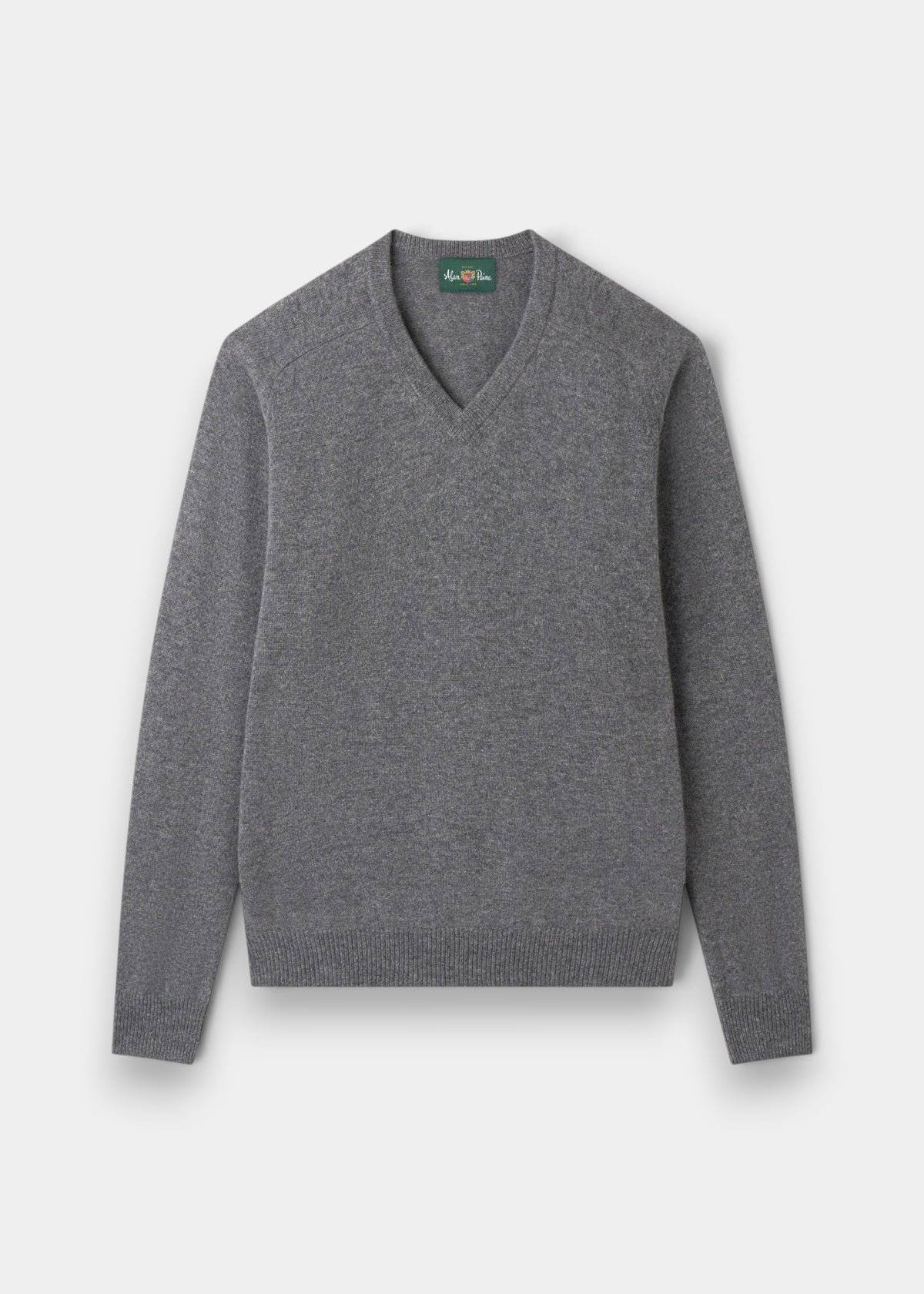 Alan Paine Kilsyth men's grey mix V-neck jumper in soft lambswool with ribbed hem and cuffs