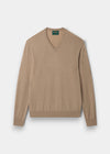 Alan Paine Haddington v-neck jumper in linen beige 100% cashmere with ribbed hem and cuffs