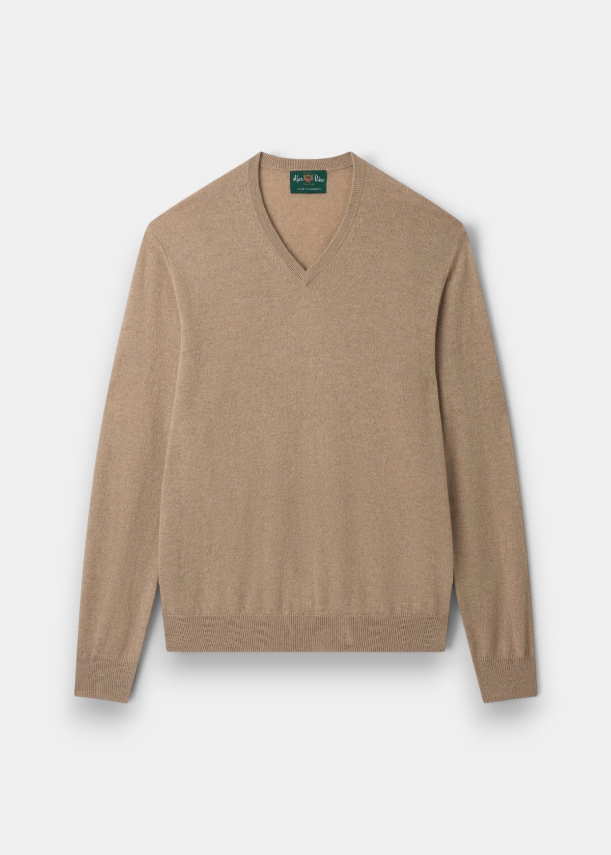 Haddington Pure Cashmere V-Neck Jumper in Linen, regular fit, with long sleeves and ribbed cuffs and hem.