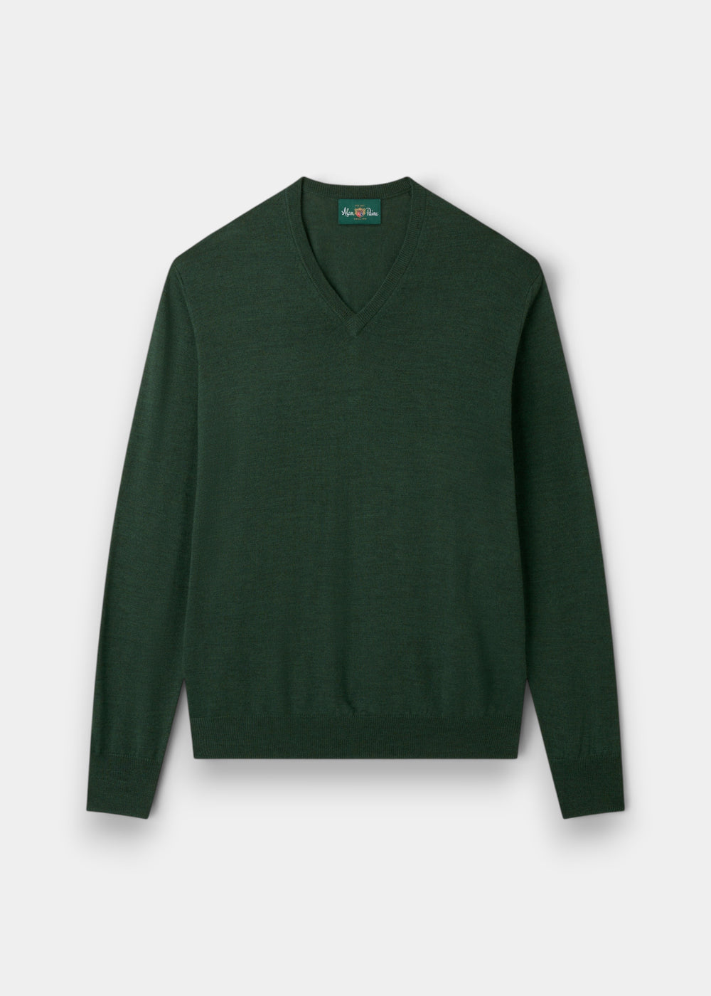 Alan Paine Millbreck hunter green v-neck jumper in fine Italian merino wool with ribbed hem and cuffs.