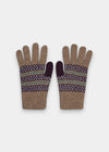 Alan Paine Imogen ladies pecan knitted wool gloves with a purple and green fair isle pattern on a light background.