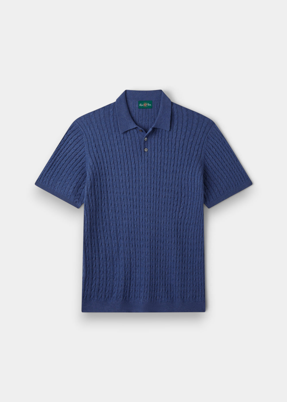 Alan Paine Portmellon indigo blue polo shirt in 100% cotton with a textured baby cable knit and button placket.