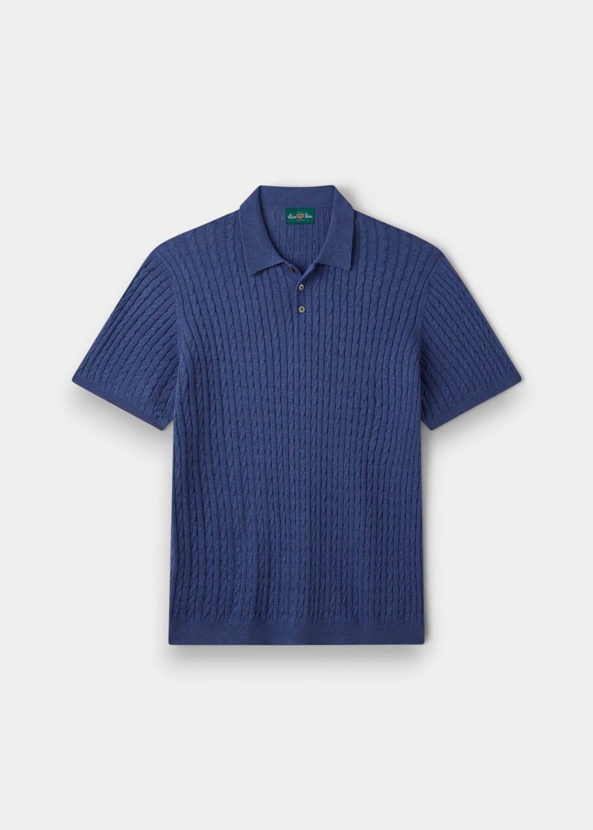 Alan Paine Portmellon indigo blue polo shirt in 100% cotton with a textured baby cable knit and button placket.