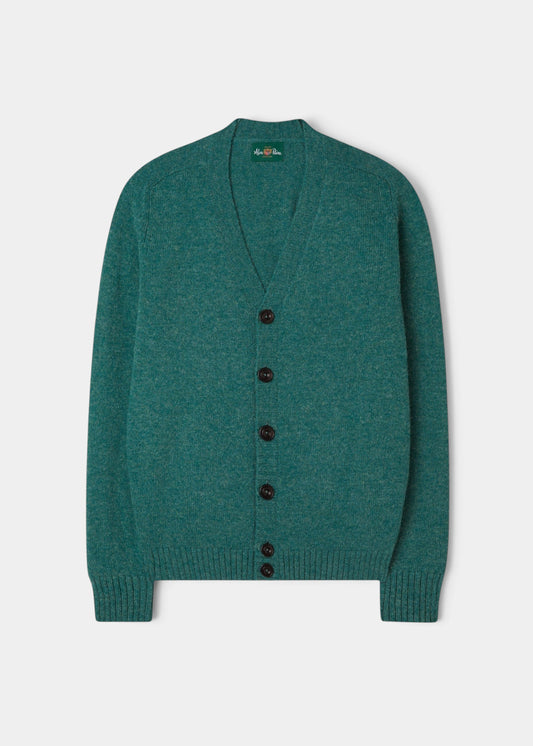 Alan Paine Kinloch men's Shetland wool cardigan in kingfisher green with a V-neck and button-front closure.