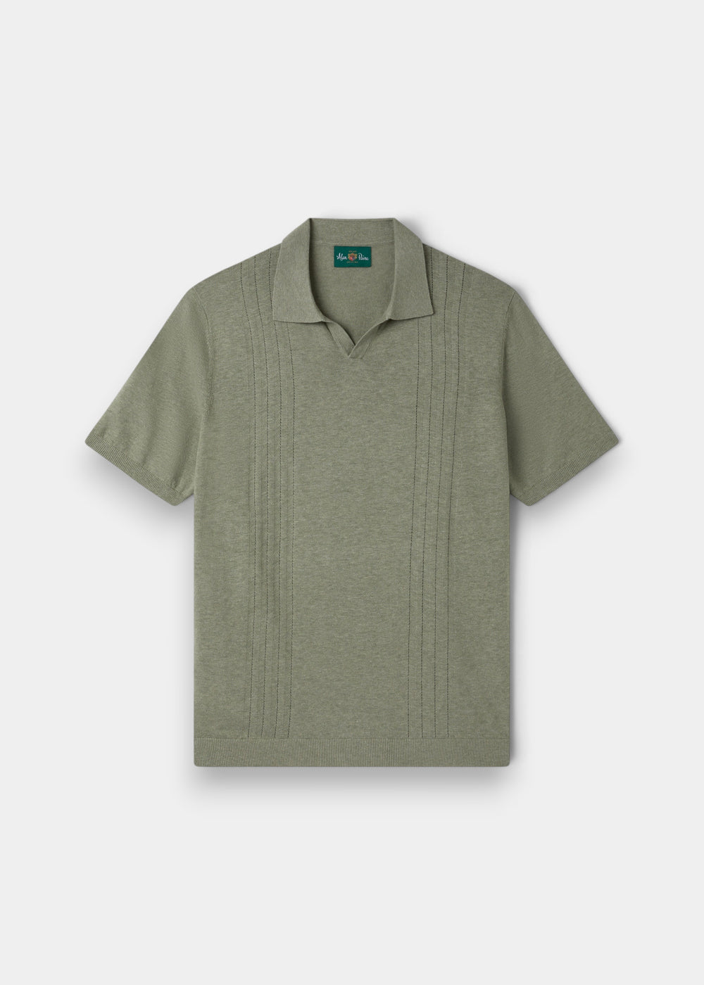 Alan Paine Shipford men's short sleeve polo shirt in landscape green wool linen silk blend with open collar detail