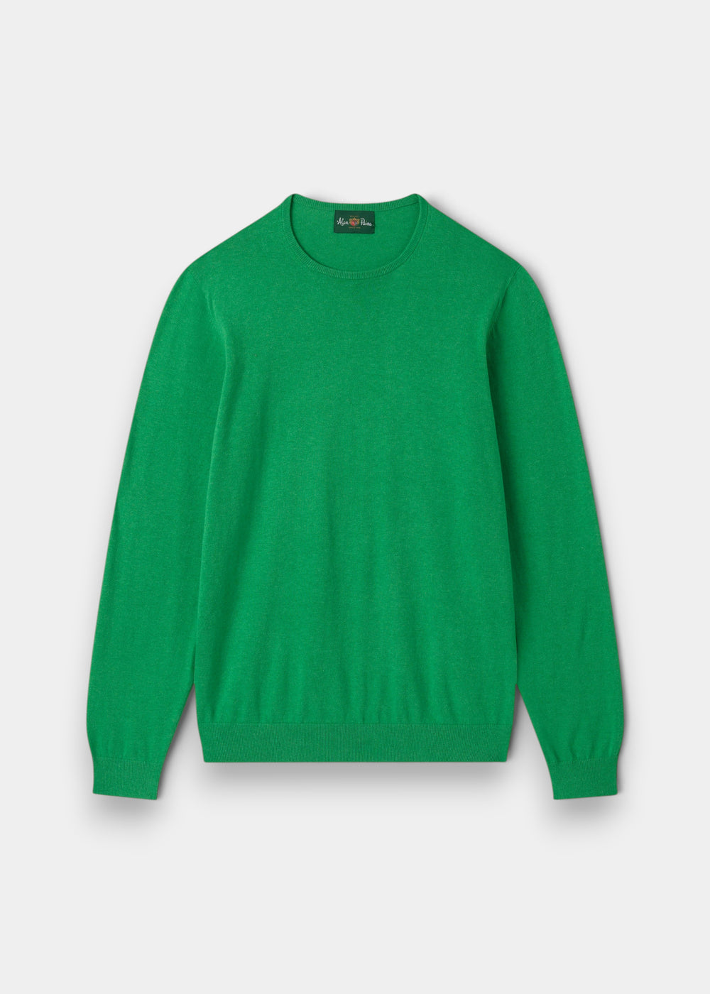 Alan Paine men's luxury leaf green crew neck jumper in a soft pima cotton, silk, and cashmere blend.