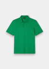 Alan Paine luxury leaf green polo shirt in a soft blend of Pima cotton, silk, and cashmere with a ribbed hem.
