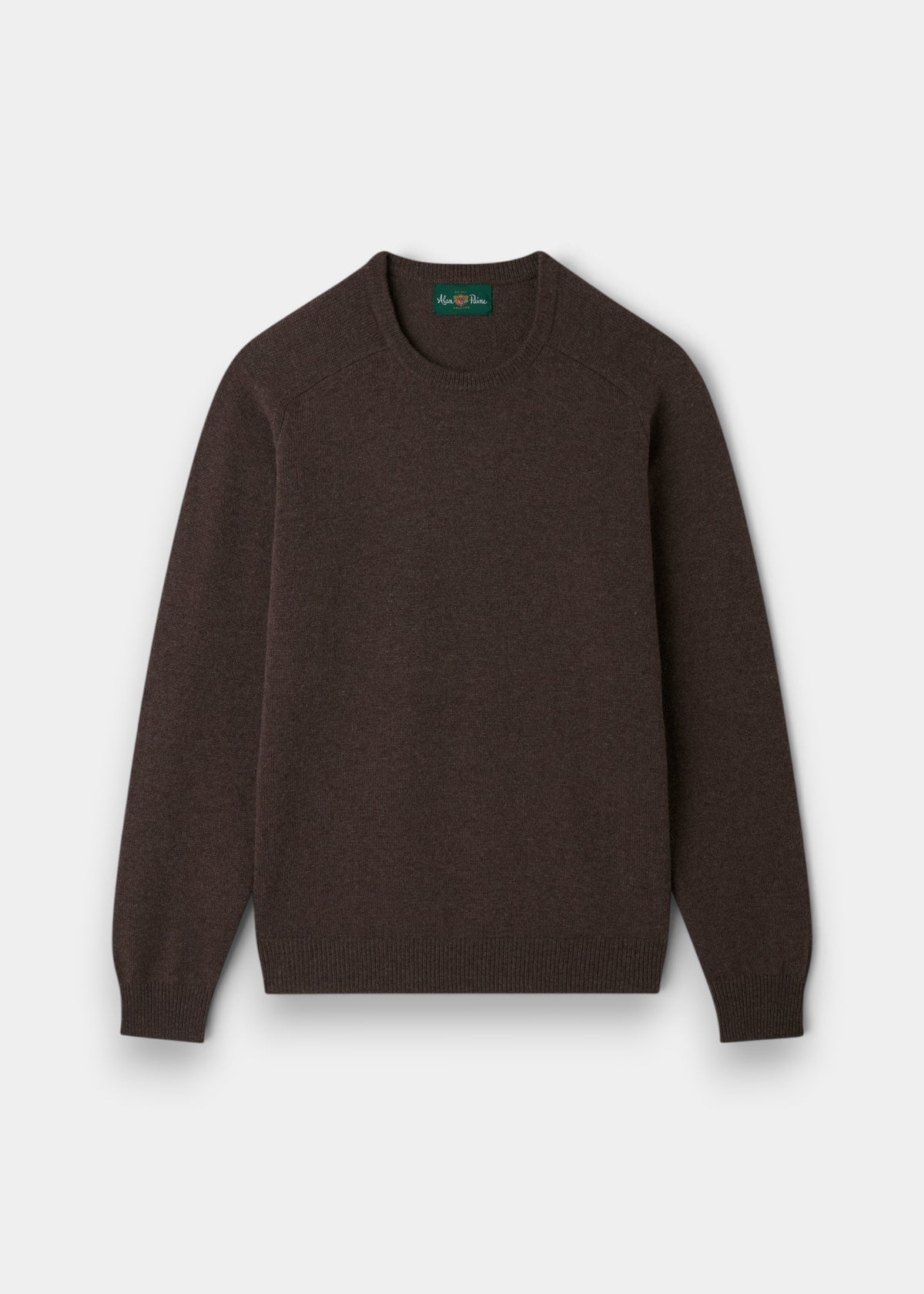 Lenzie Lambswool Crew Neck Jumper in Mocha, regular fit with long sleeves, shown flat on a white background.