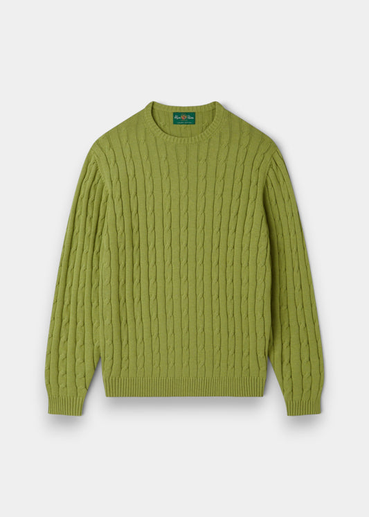 Alan Paine Honley lichen green cable knit crew neck jumper made from a soft Pima cotton and cashmere blend.