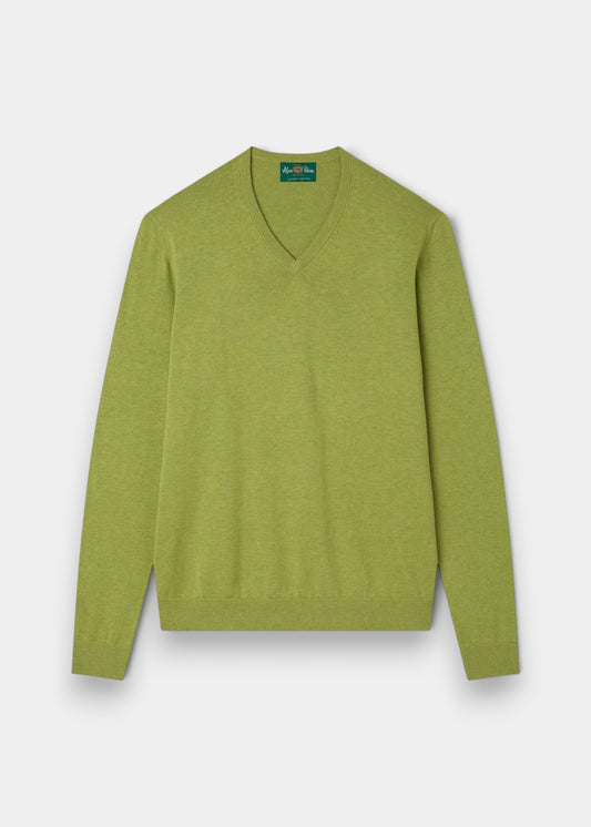 Alan Paine Rothwell v-neck jumper in lichen green, crafted from a soft Pima cotton and cashmere blend.