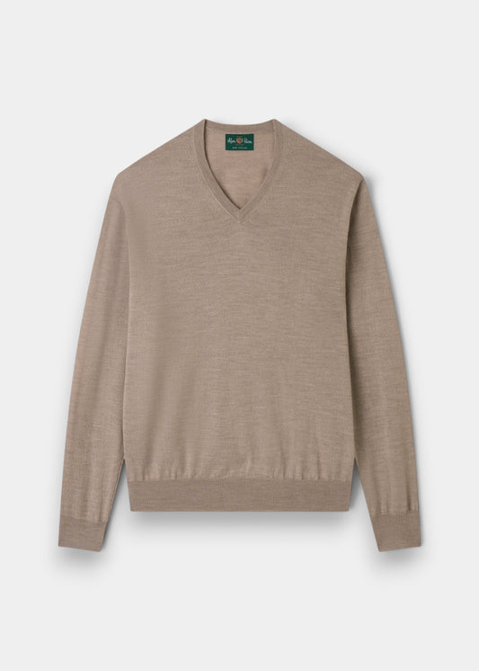Alan Paine Millbreck cobble beige v-neck jumper in fine Italian merino wool with ribbed hem and cuffs