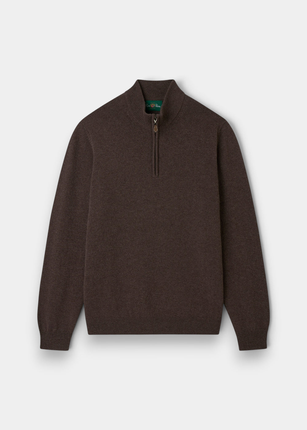 Sutherland Lambswool Quarter Zip Jumper In Mocha, a mocha lambswool quarter-zip sweater.