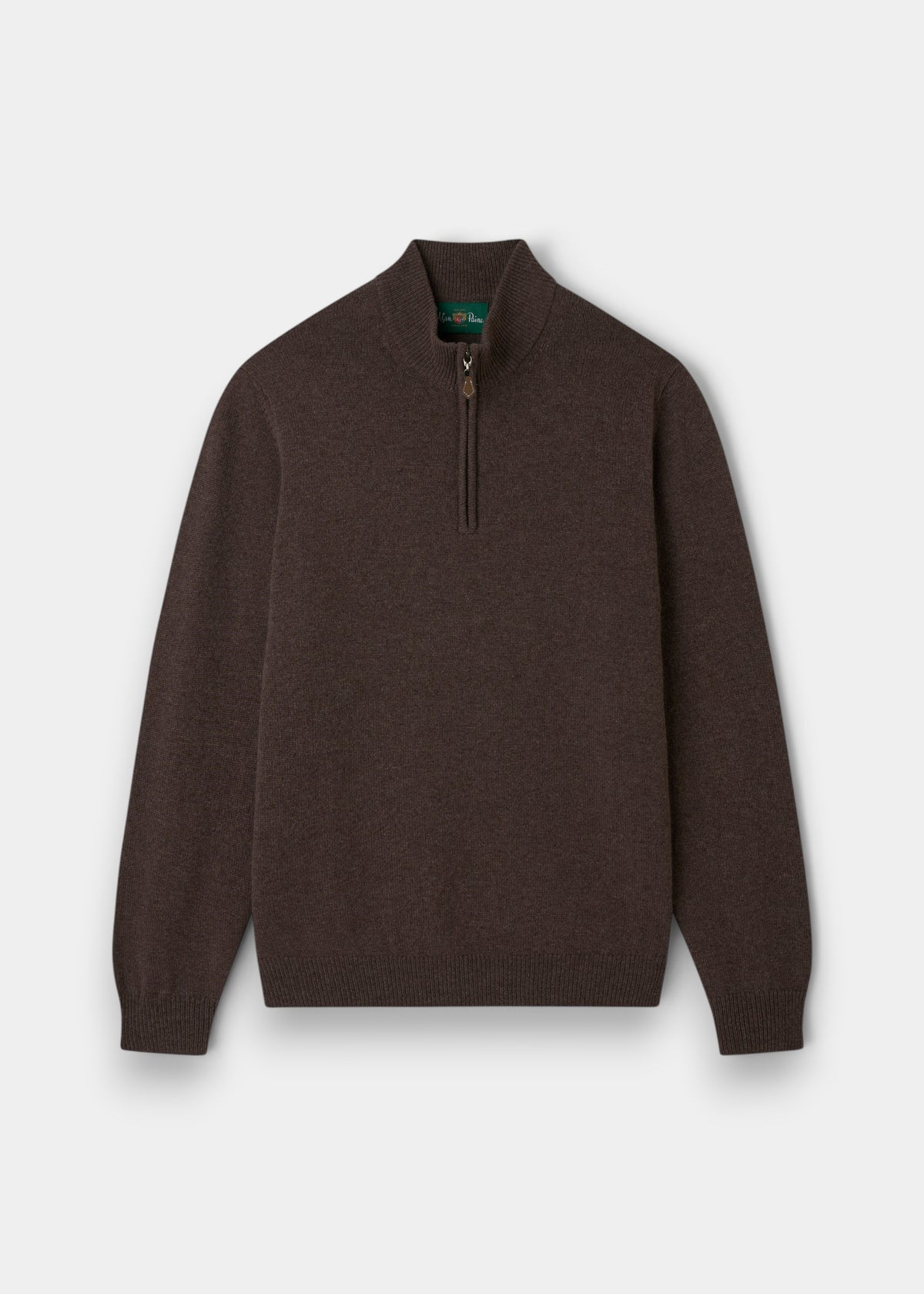 Sutherland Lambswool Quarter Zip Jumper In Mocha, a mocha lambswool quarter-zip sweater.