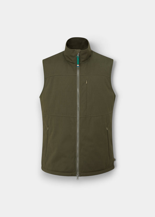 Alan Paine Mossley men's olive wind stopper gilet with zip pockets and a high collar in a regular fit.
