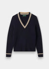 Alan Paine ladies dark navy cable knit cricket jumper with pine nut and ecru V-neck trim in soft pure cotton