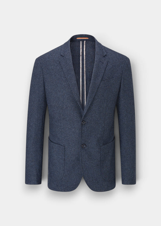 Alan Paine navy knitted wool-blend blazer with two-button front, chest pocket, and patch pockets.