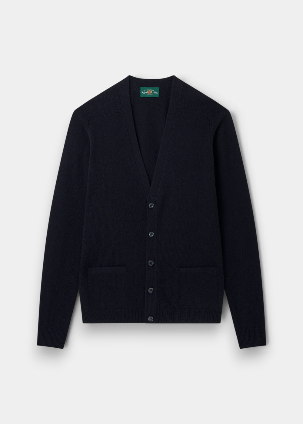 Navy Cornwall lambswool V-neck cardigan, classic fit, with long sleeves, buttons, and two front pockets on white.