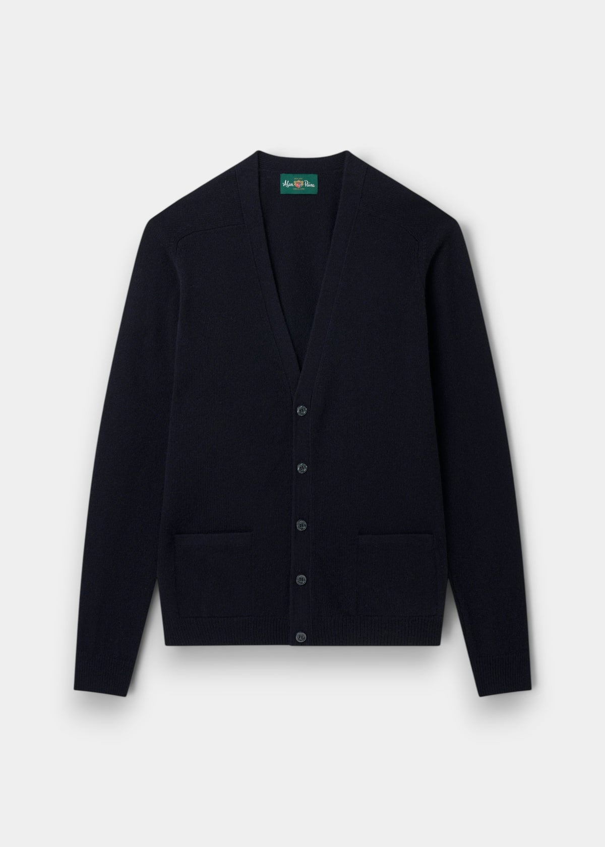 Navy Cornwall lambswool V-neck cardigan, classic fit, with long sleeves, buttons, and two front pockets on white.