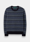 Alan Paine navy lambswool jumper featuring a traditional Fair Isle pattern with ribbed cuffs and hem.