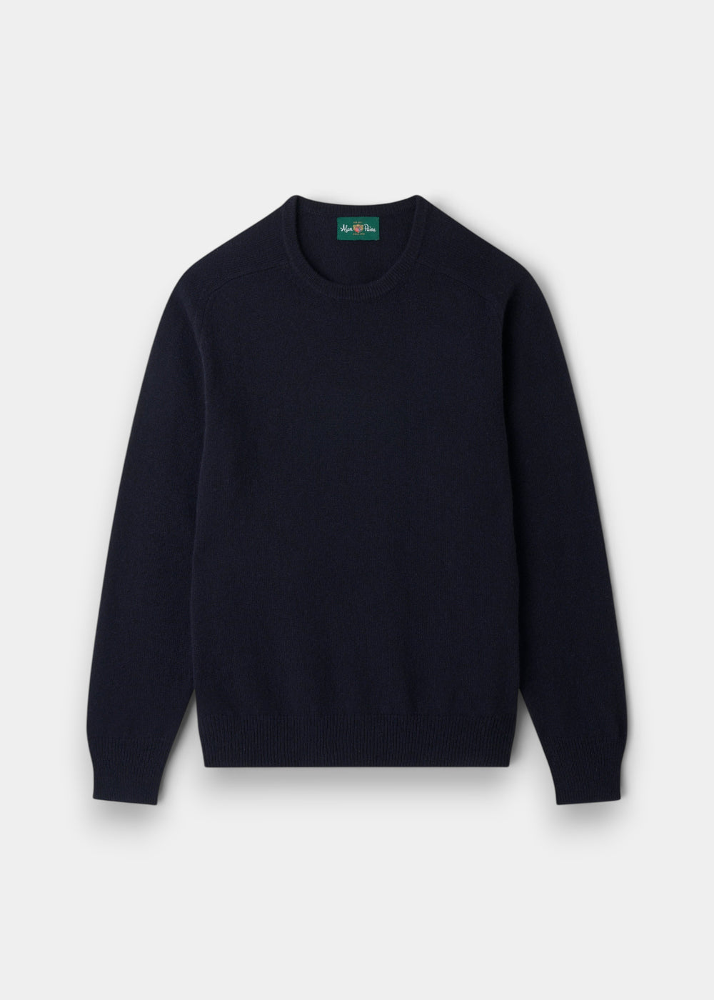 Lenzie Lambswool Crew Neck Jumper in navy, regular fit, long sleeves, laid flat on a light gray background.