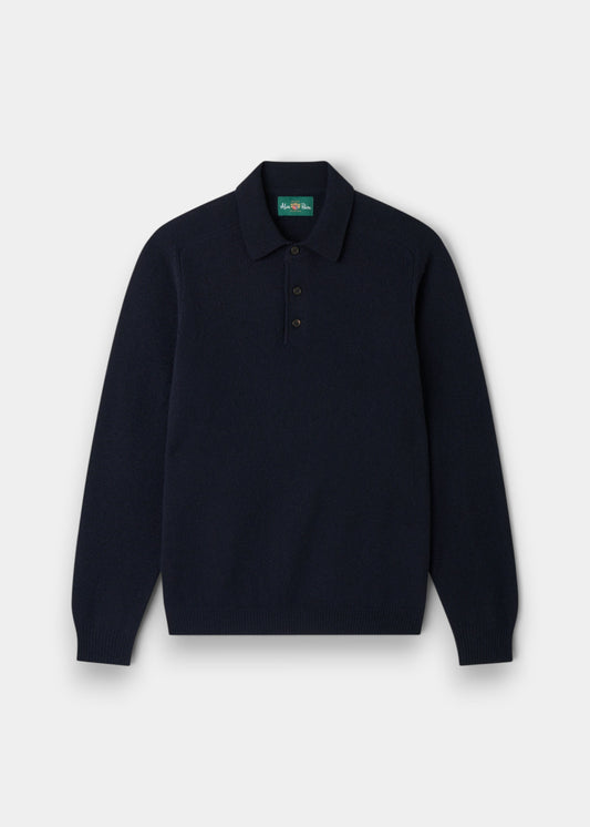 Bilsdean Men’s Lambswool Navy Polo, regular fit, with collar and 3 buttons, shown laid flat on white background.