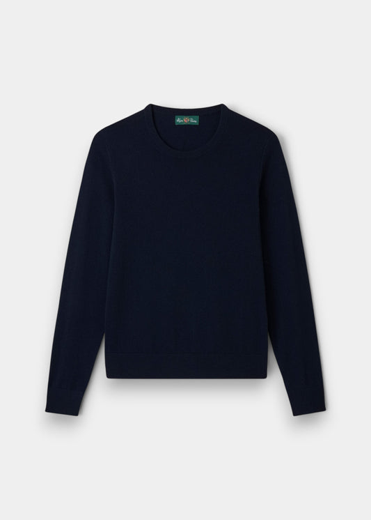 Alan Paine dark navy ladies crew neck jumper in a soft wool and cashmere blend with ribbed hem and cuffs.