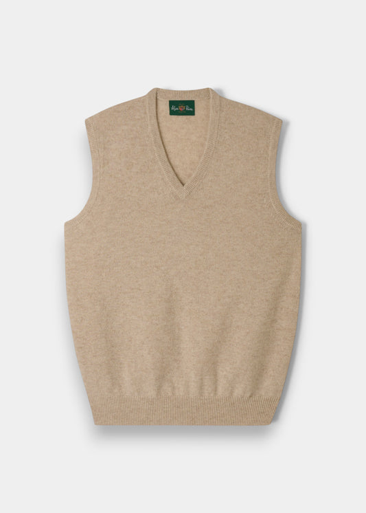 Alan Paine Norfolk men's linen-coloured lambswool V-neck slipover with a classic fit and ribbed hem.