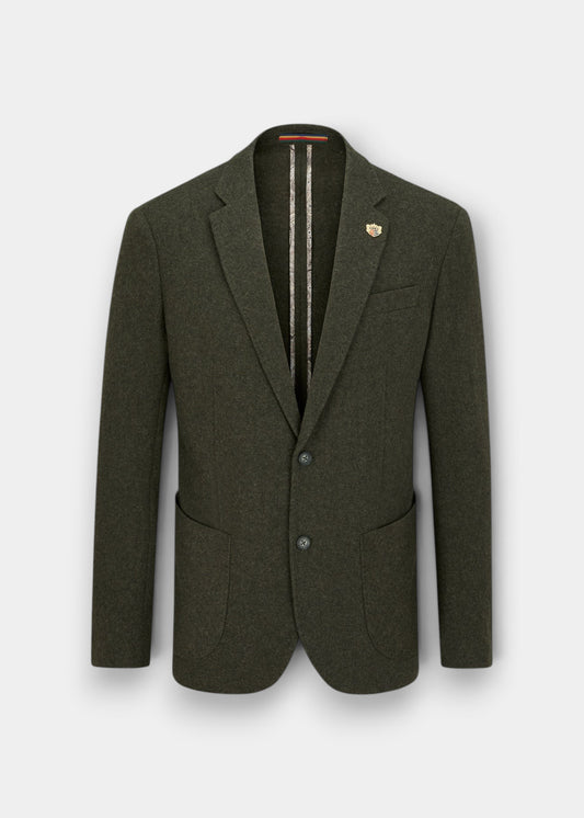 Alan Paine Richmond men's olive knitted wool-blend blazer with two-button front and patch pockets.