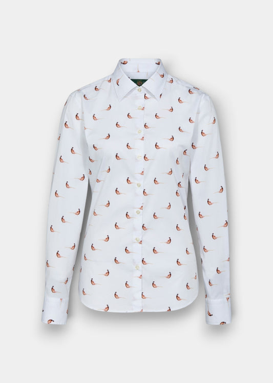 Alan Paine ladies long-length white cotton shirt featuring a small pheasant print pattern and a flattering fit.