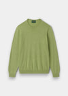 Alan Paine men's pistachio green crew neck jumper in a soft pima cotton, silk, and cashmere blend with ribbed trim.