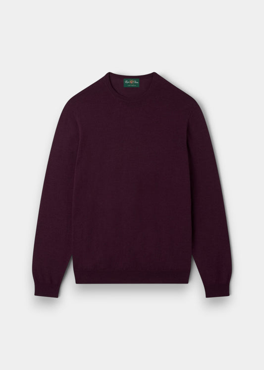 Alan Paine Radstone men's crew neck jumper in black grape fine Italian merino wool with ribbed hem and cuffs